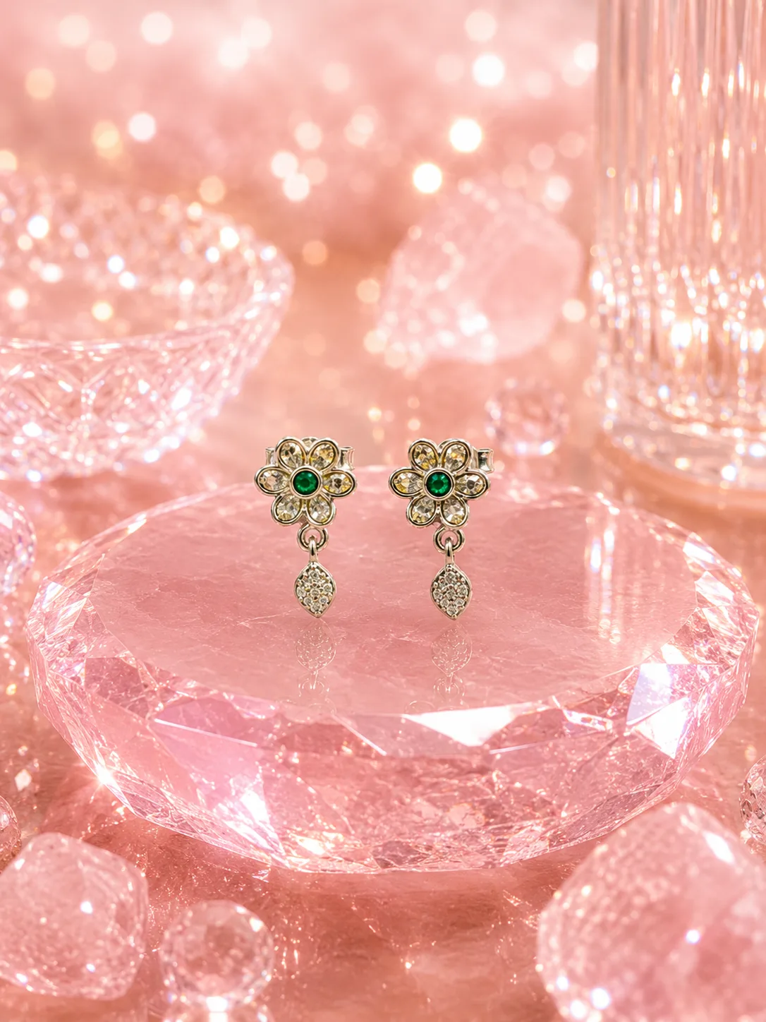 Pave Flower & Marquise Drop Earrings