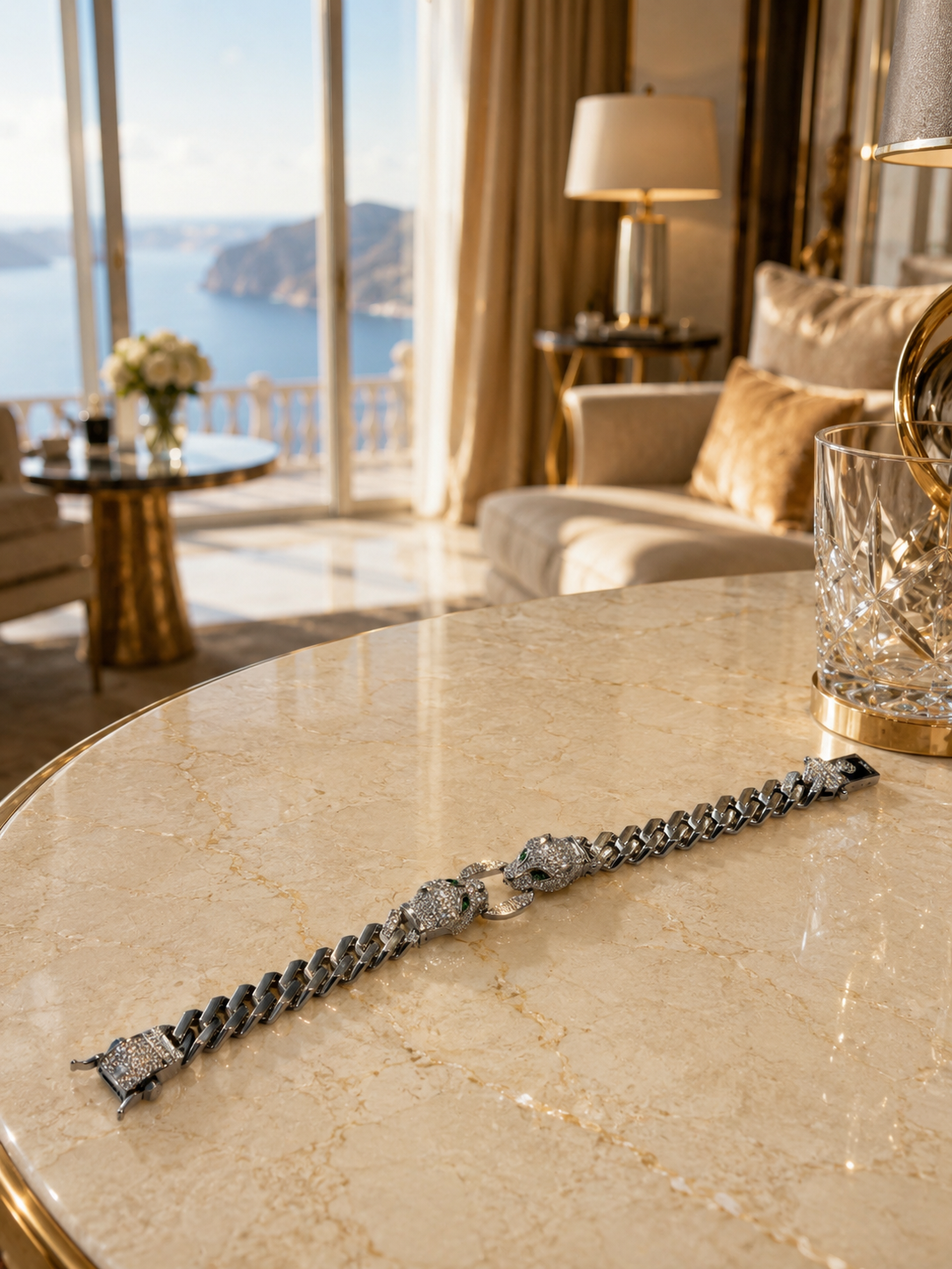 Double Panther Head Curb Chain Bracelet