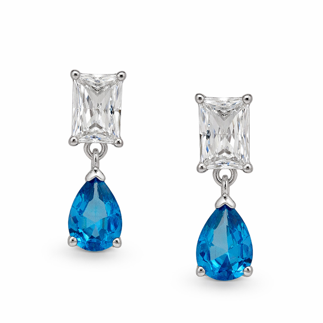 Emerald Cut & Blue Pear Drop Earrings