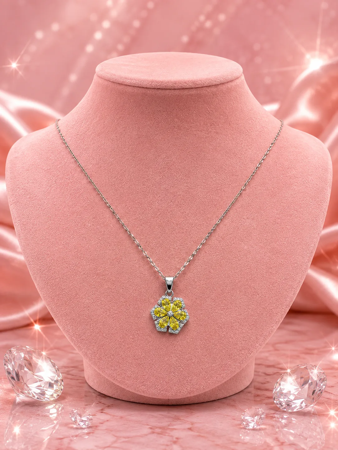Sunflora Citrine Floral Halo Necklace & Earring Set