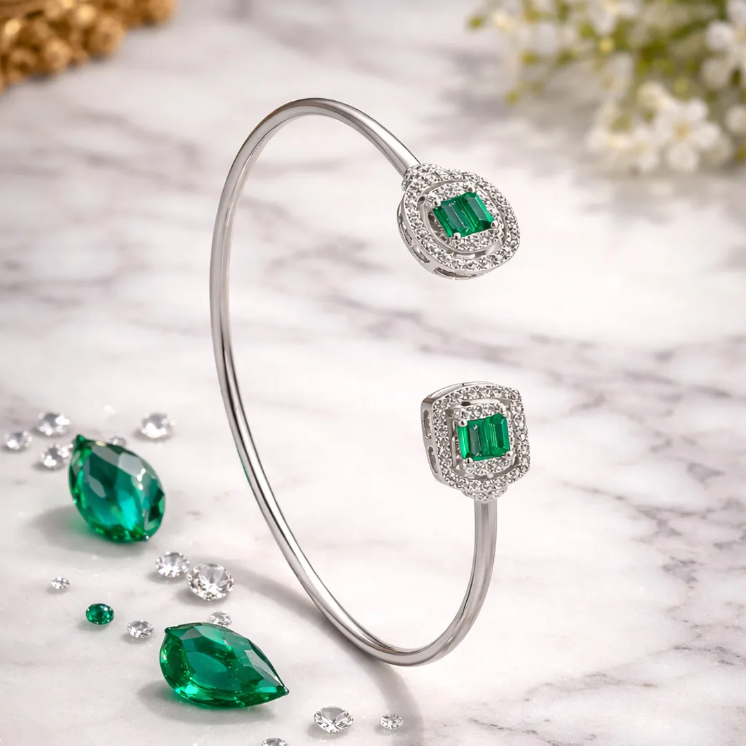 Verdant Emerald Halo Open Cuff Bracelet