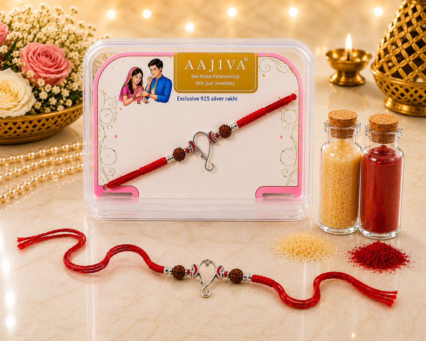 AAJIVA Vinayak Silver Rakhi - Red