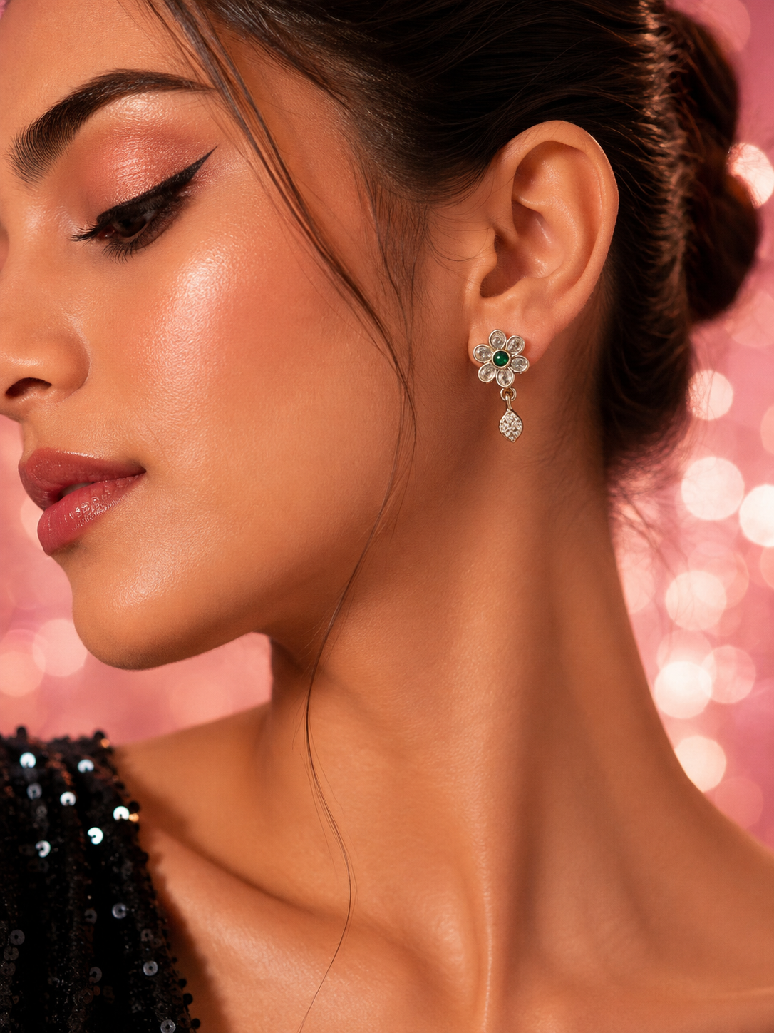 Pave Flower & Marquise Drop Earrings