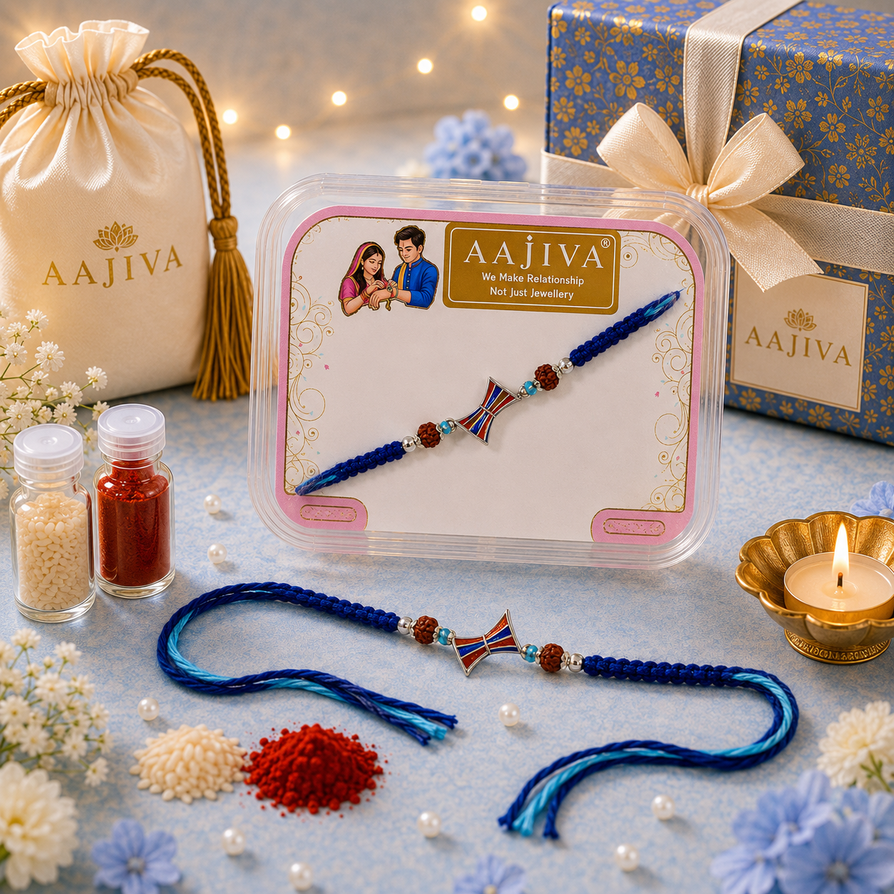 AAJIVA Damru Charm Silver Rakhi - Blue