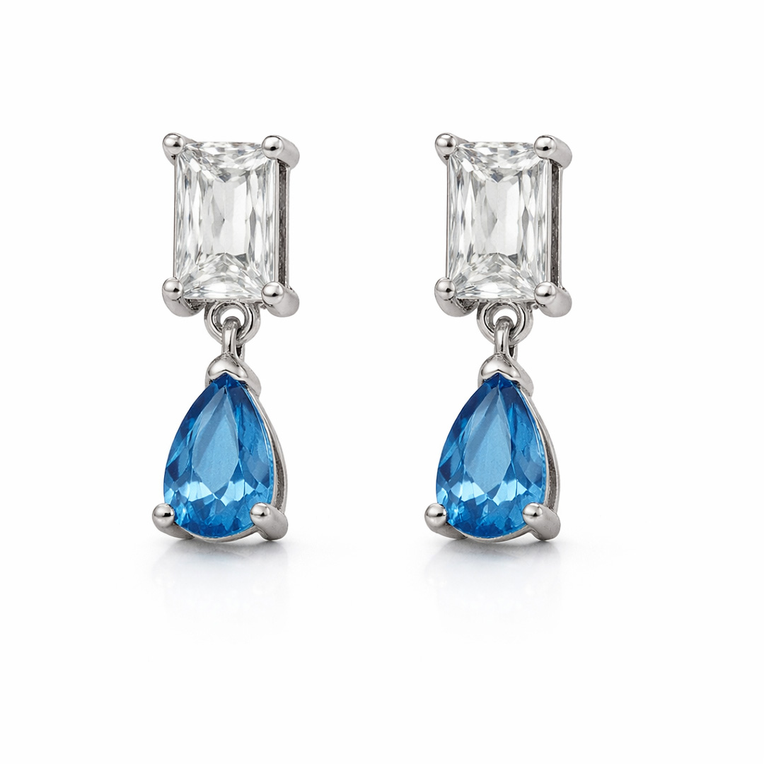 Emerald Cut & Blue Pear Drop Earrings