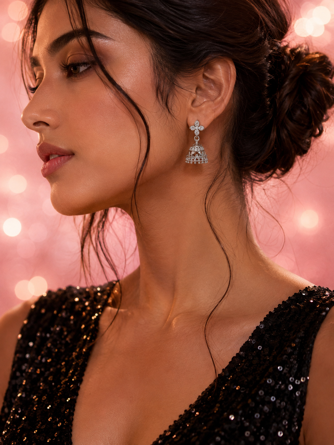Floral Pave Jhumka Earrings with Beaded Trim