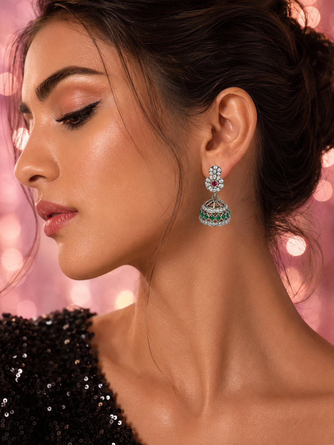Floral Pave Jhumka Earrings with Emerald Accents