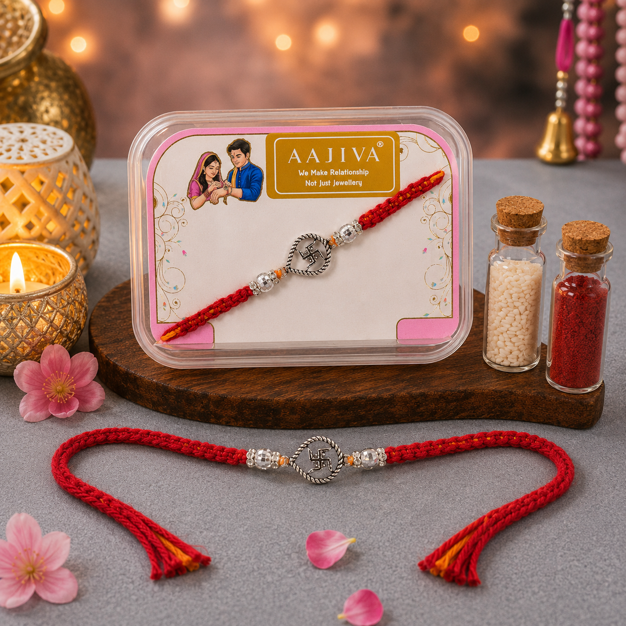 AAJIVA Swastik Charm Silver Rakhi - Red