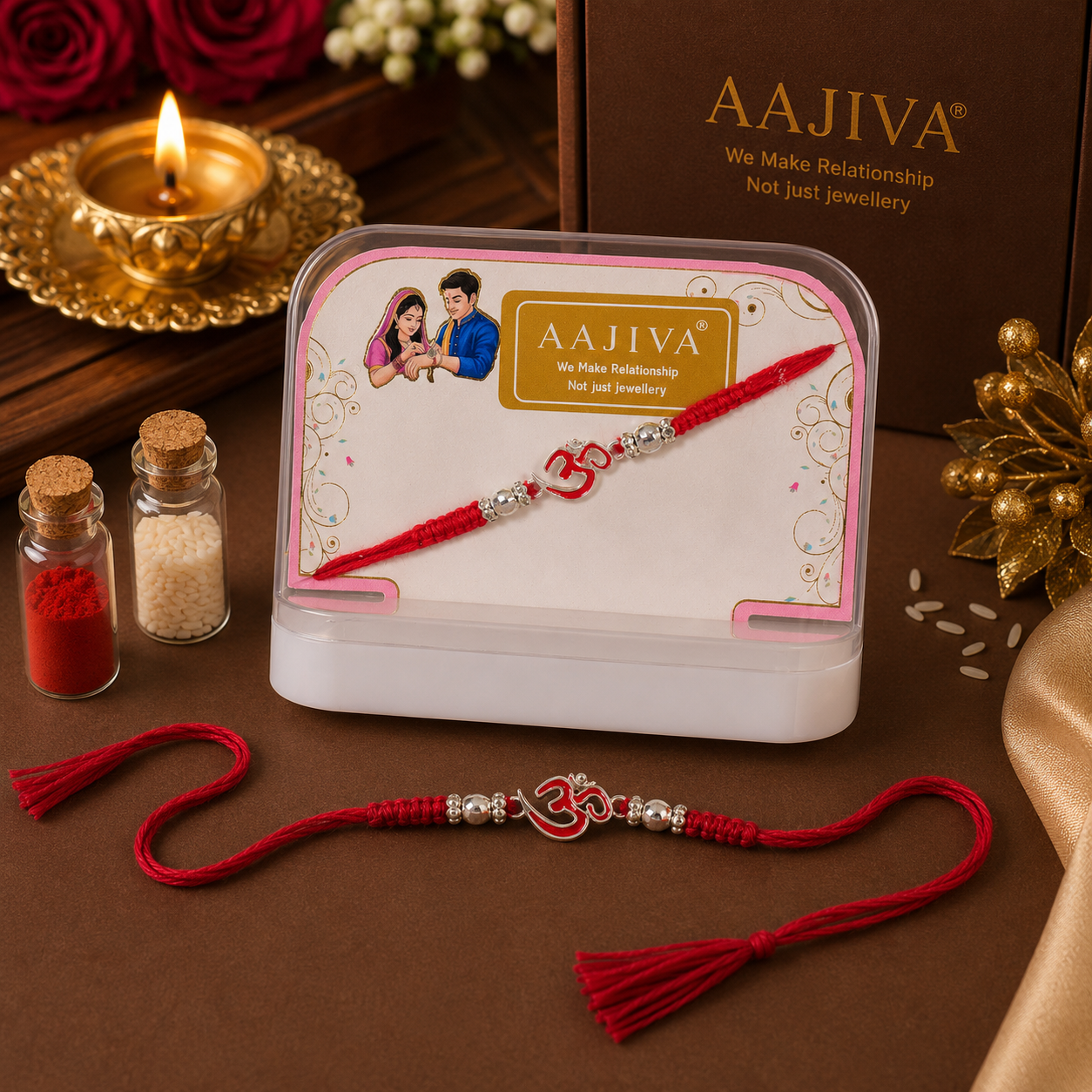 AAJIVA Rakshak Om Silver Rakhi - Red