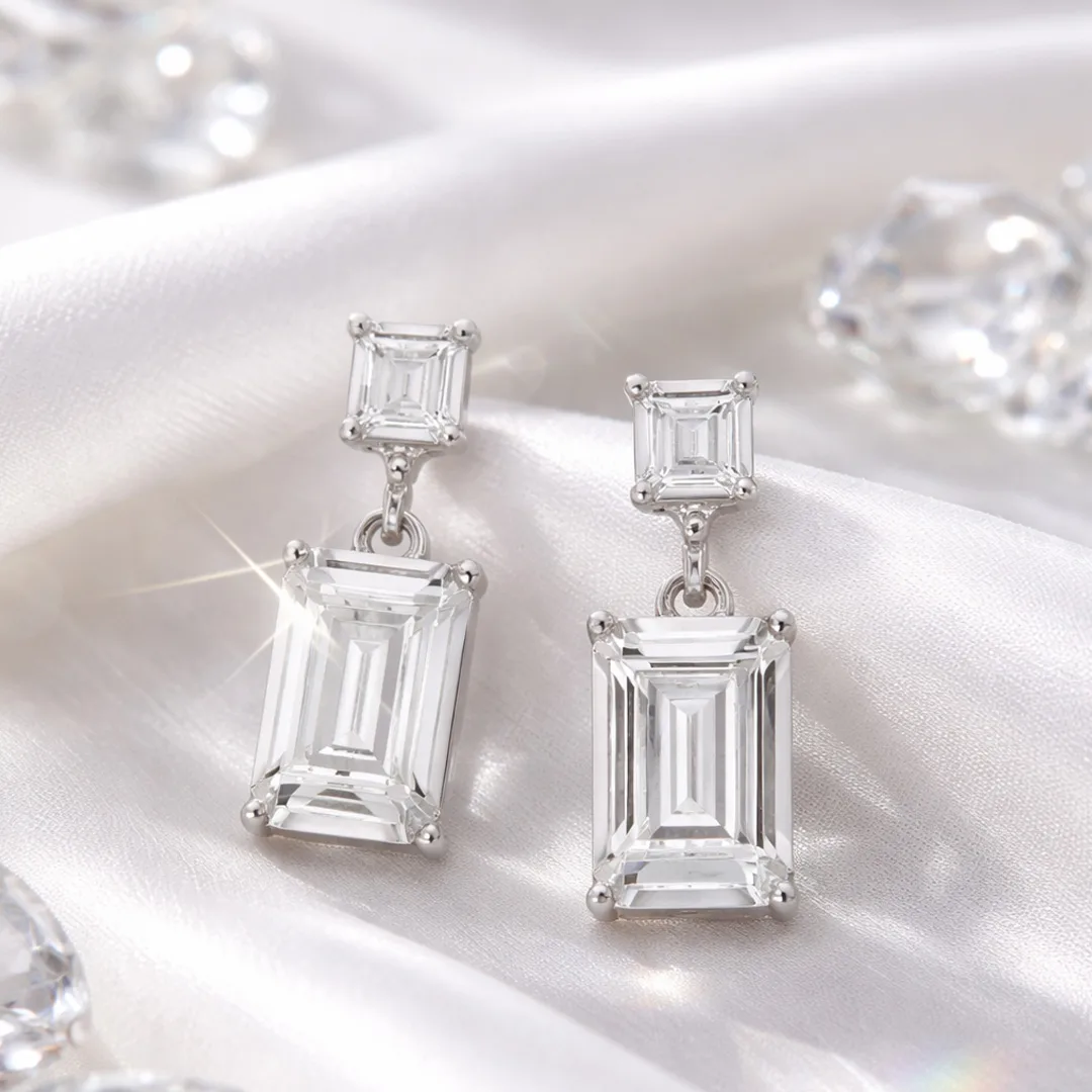 Double Emerald Cut Drop Earrings