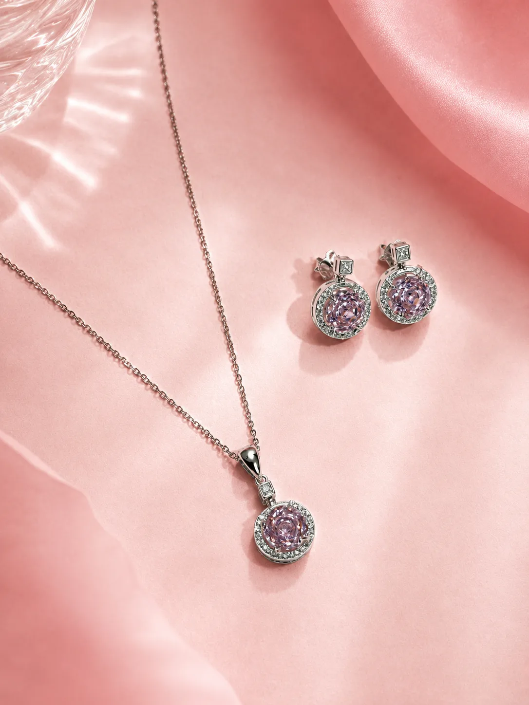 Rosalind Pink Solitaire Halo Necklace & Earring Set