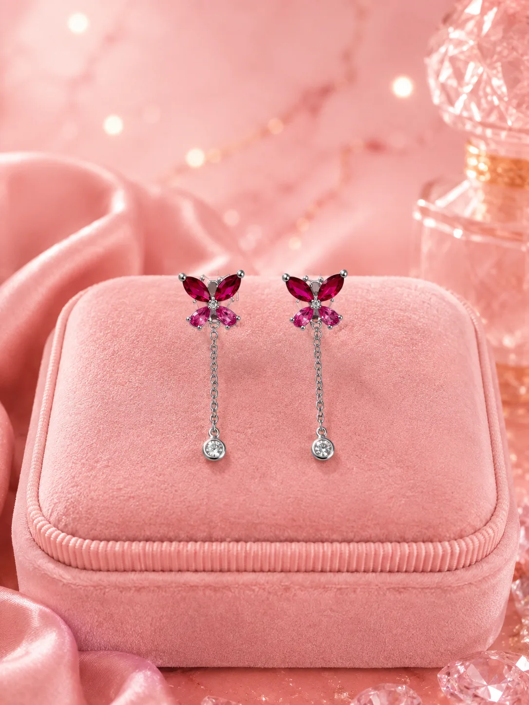 Magenta Ruby Twin Butterfly Necklace & Earring Set