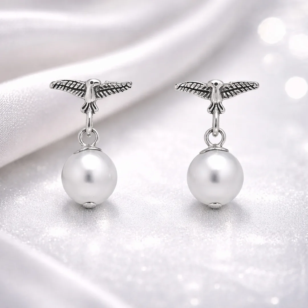 Oxidized Bird & Pearl Drop Earrings