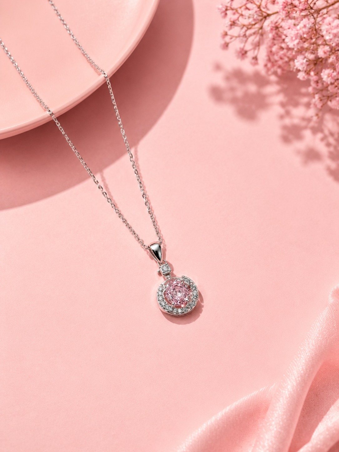 Rosalind Pink Solitaire Halo Necklace & Earring Set