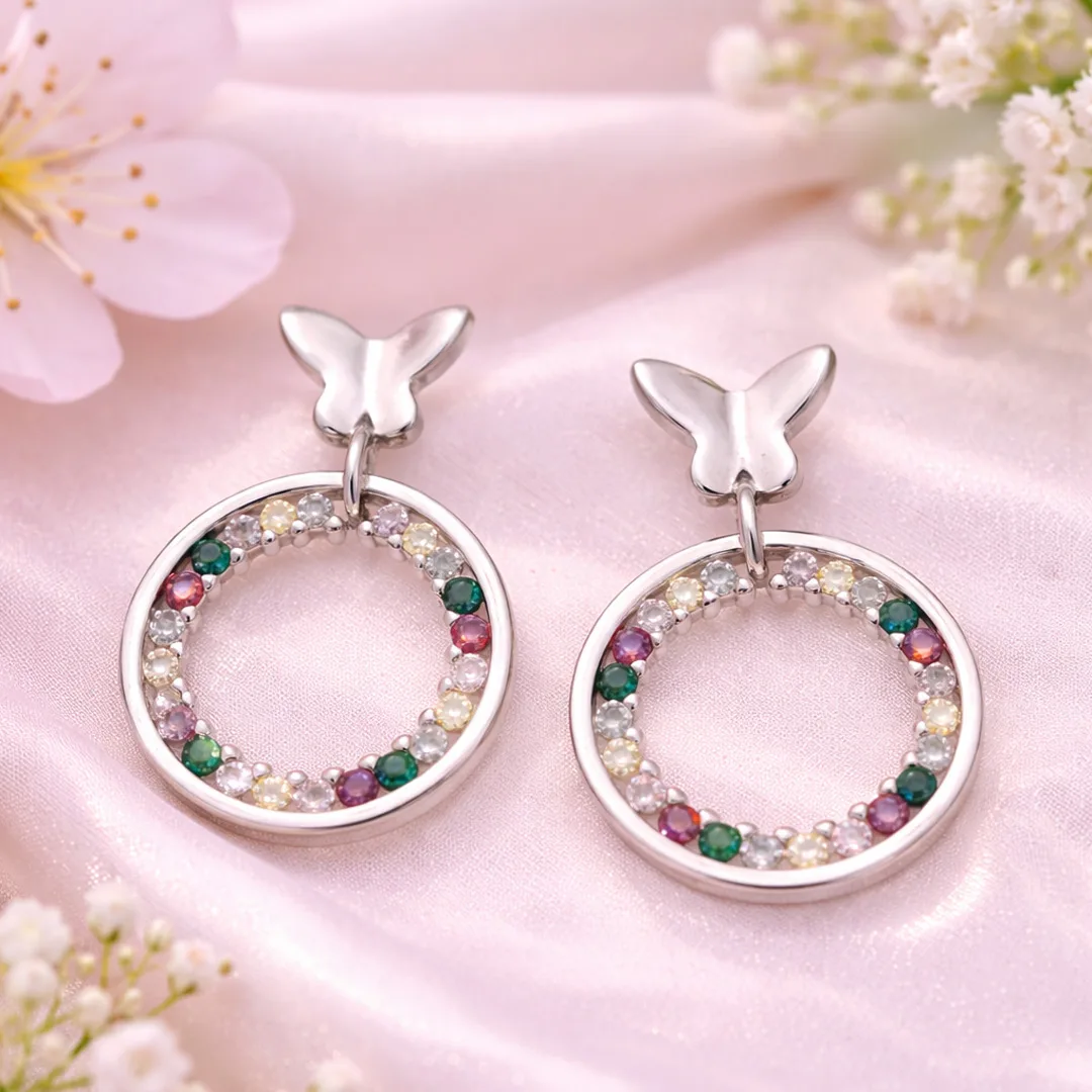 Butterfly Top Multicolor Circle Drop Earrings