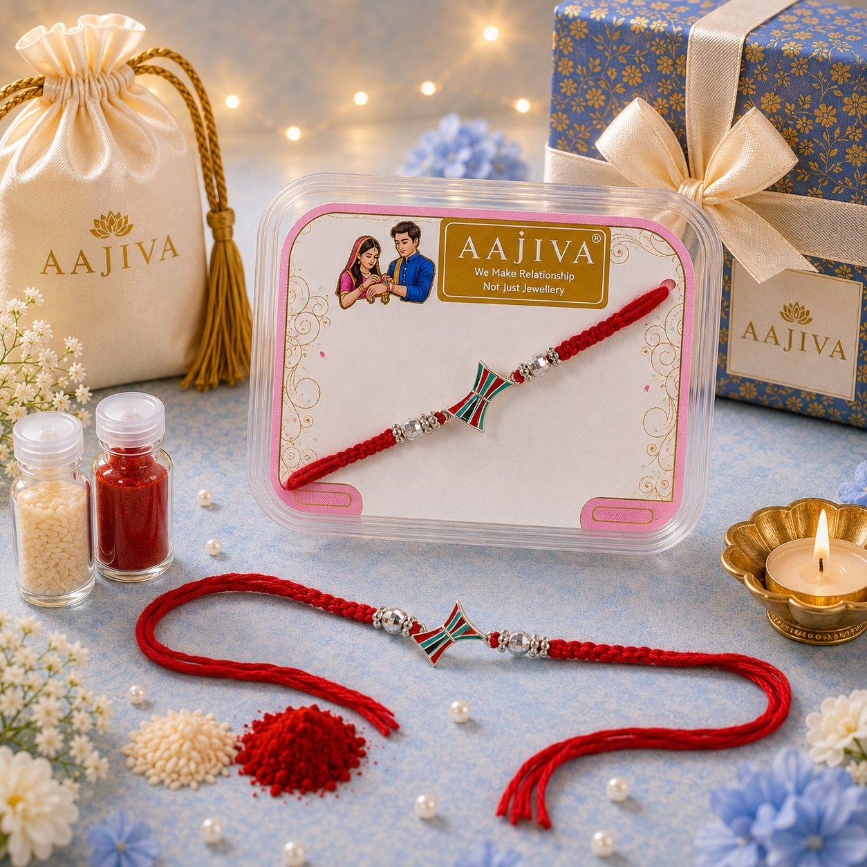 AAJIVA Damru Charm Silver Rakhi - Red
