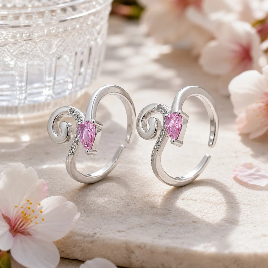 Vine Swirl Pink Pear Open Cuff Toe Ring (Pair)