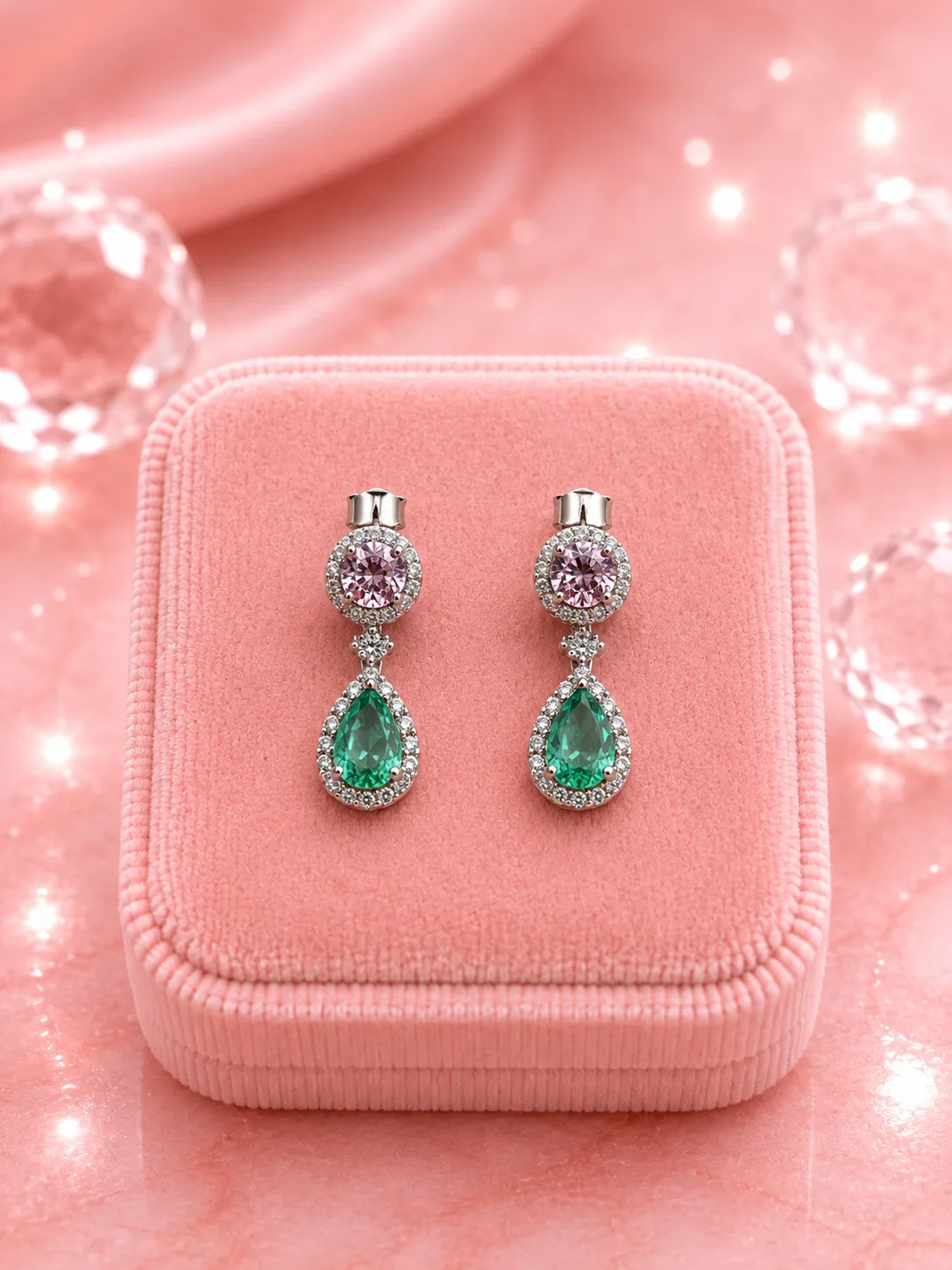 Verona Pink & Emerald Halo Teardrop Necklace & Earring Set