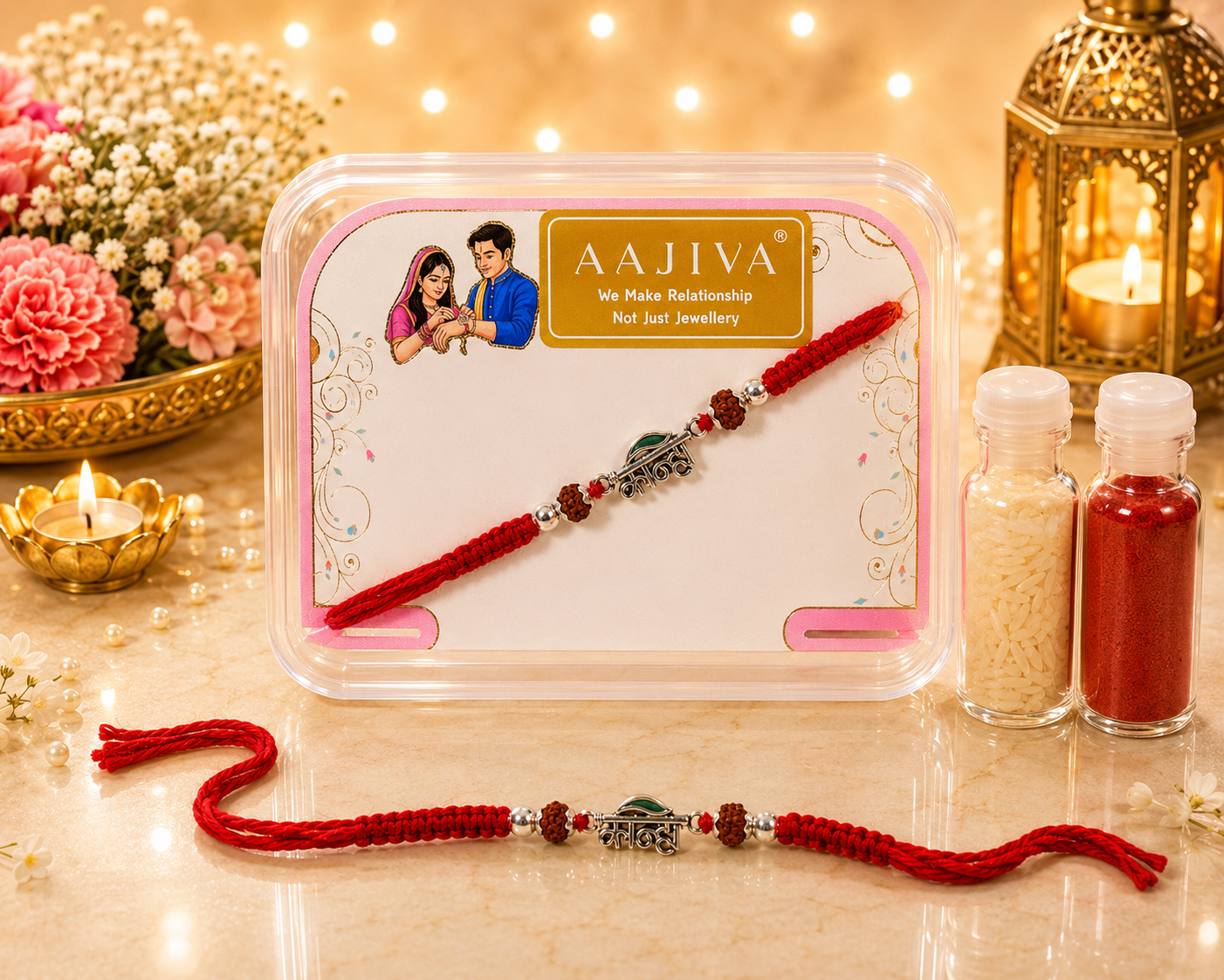 AAJIVA Kanha Script Silver Rakhi - Red