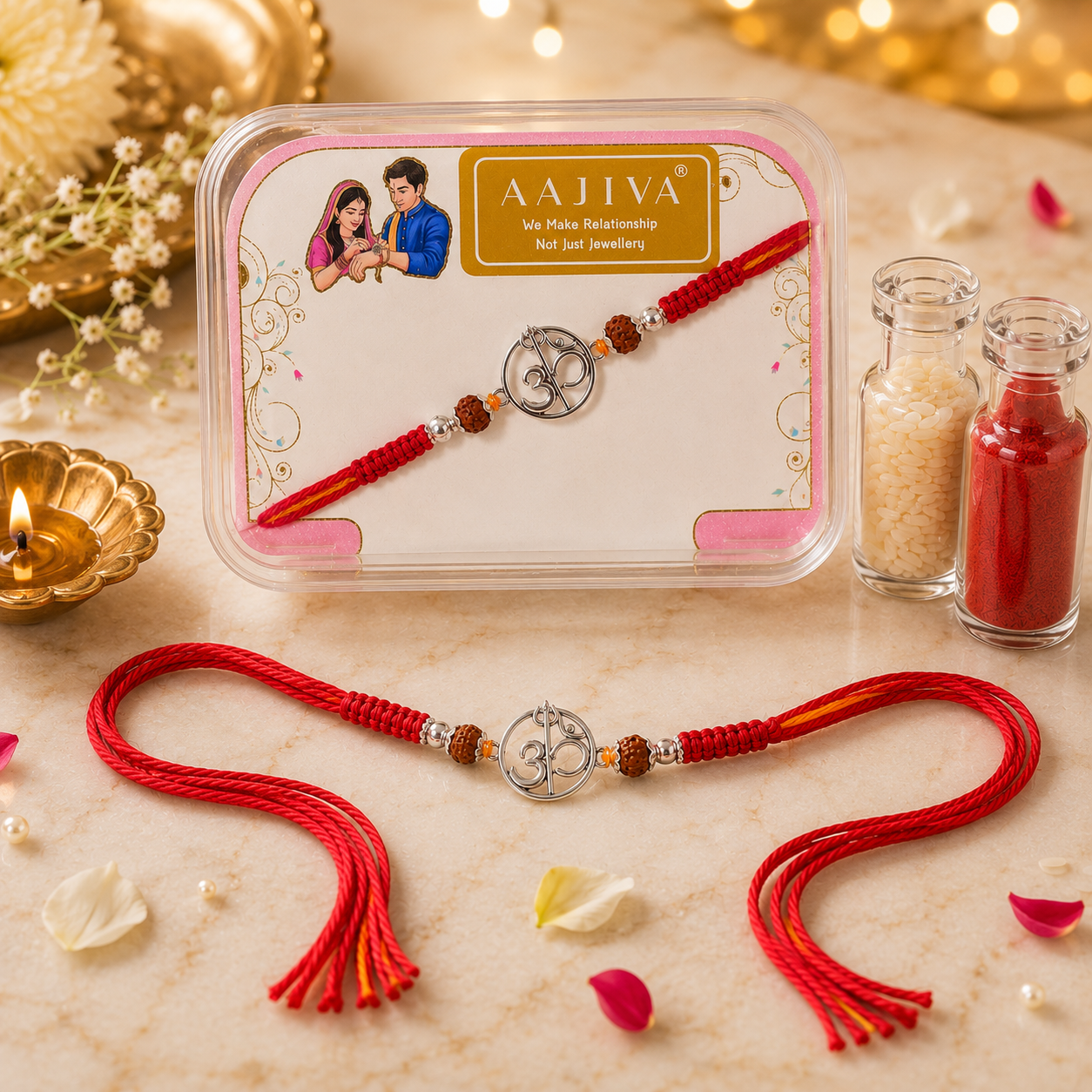 Om Vartul — Circular Silver Om Rakhi - Red