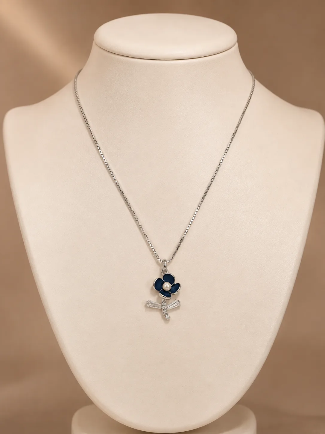 Black Enamel Flower & Pearl Pendant Necklace