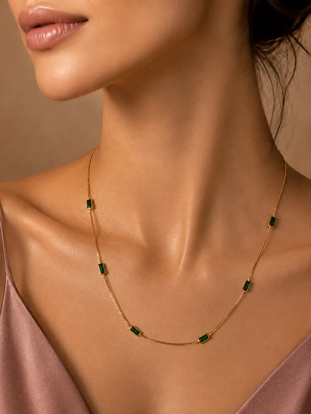 Emerald Baguette Station Necklace (Gold Edition)