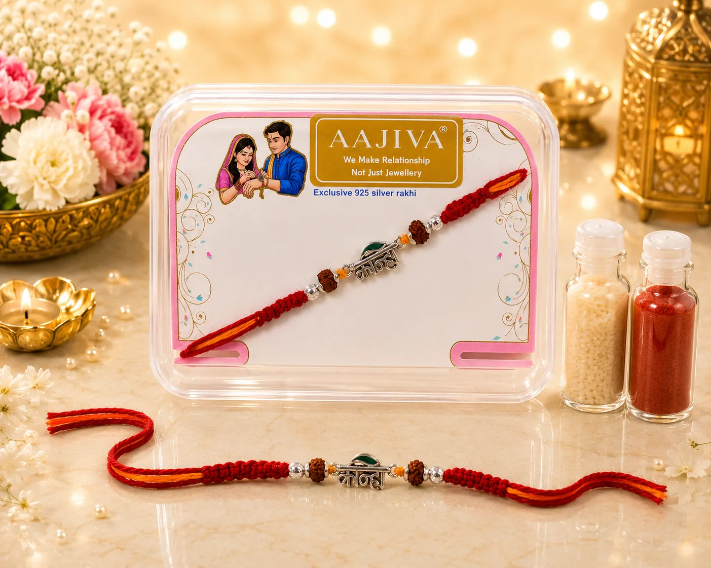 AAJIVA Kanha Script Silver Rakhi - Red & Yellow