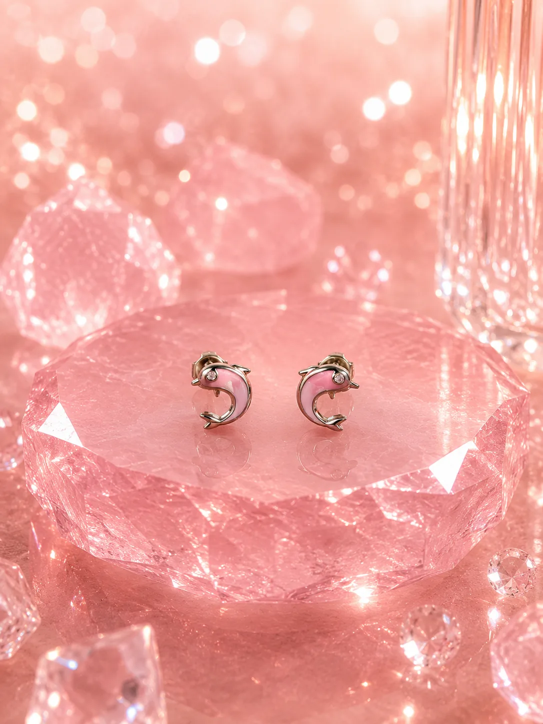 Pink Enamel Dolphin Stud Earrings
