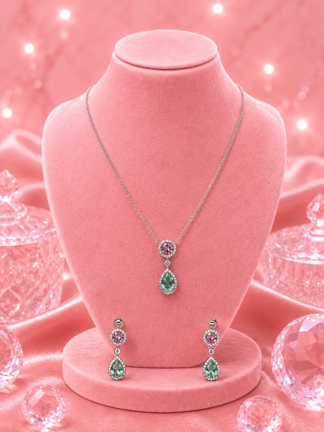 Verona Pink & Emerald Halo Teardrop Necklace & Earring Set