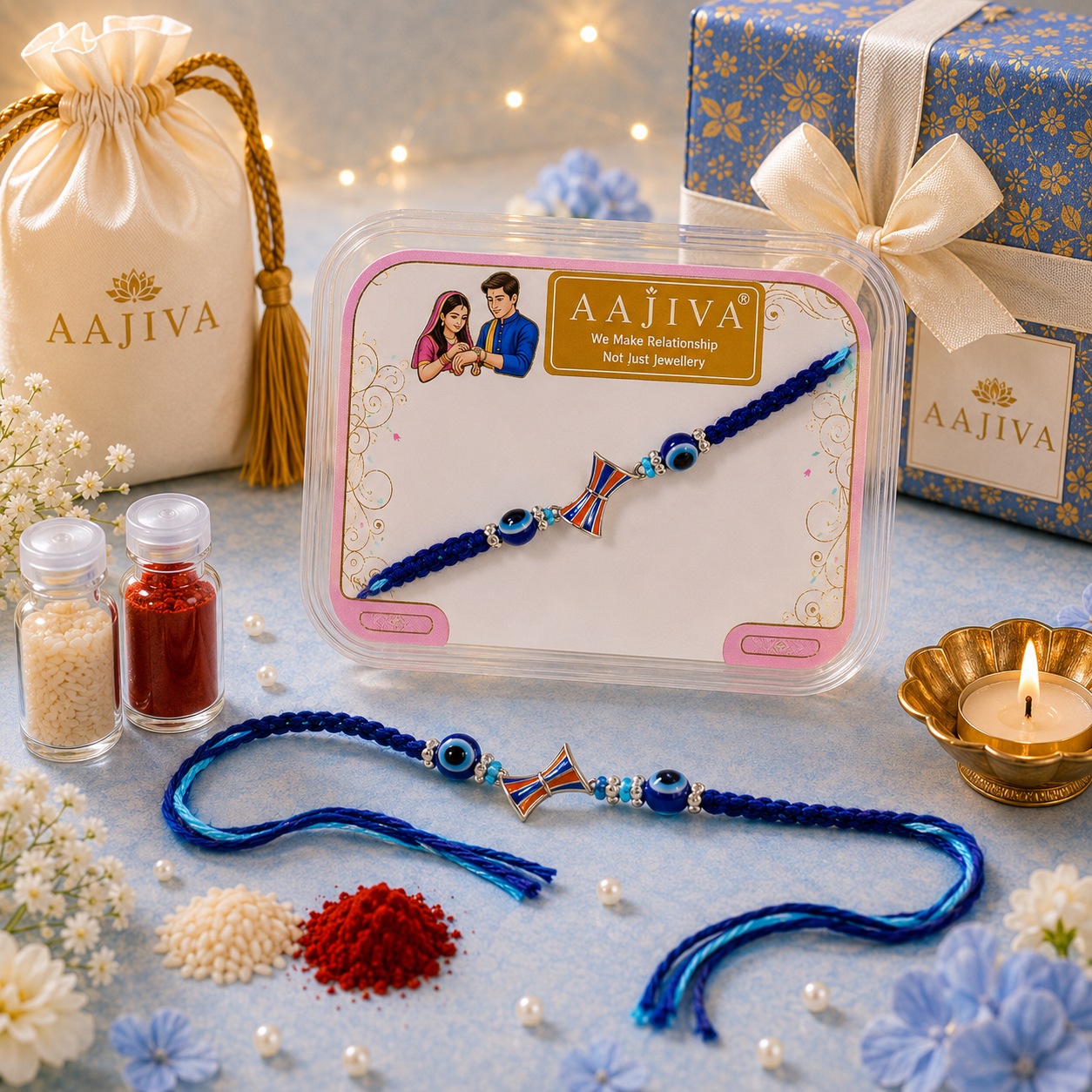 AAJIVA Damru Charm Silver Rakhi - Blue