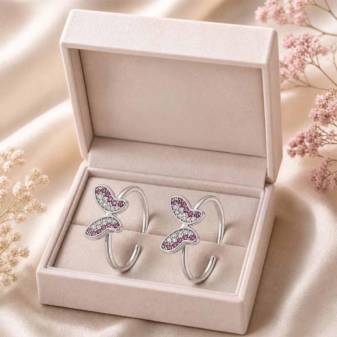 Papillon Pink & White Pavé Butterfly Toe Ring (Pair)