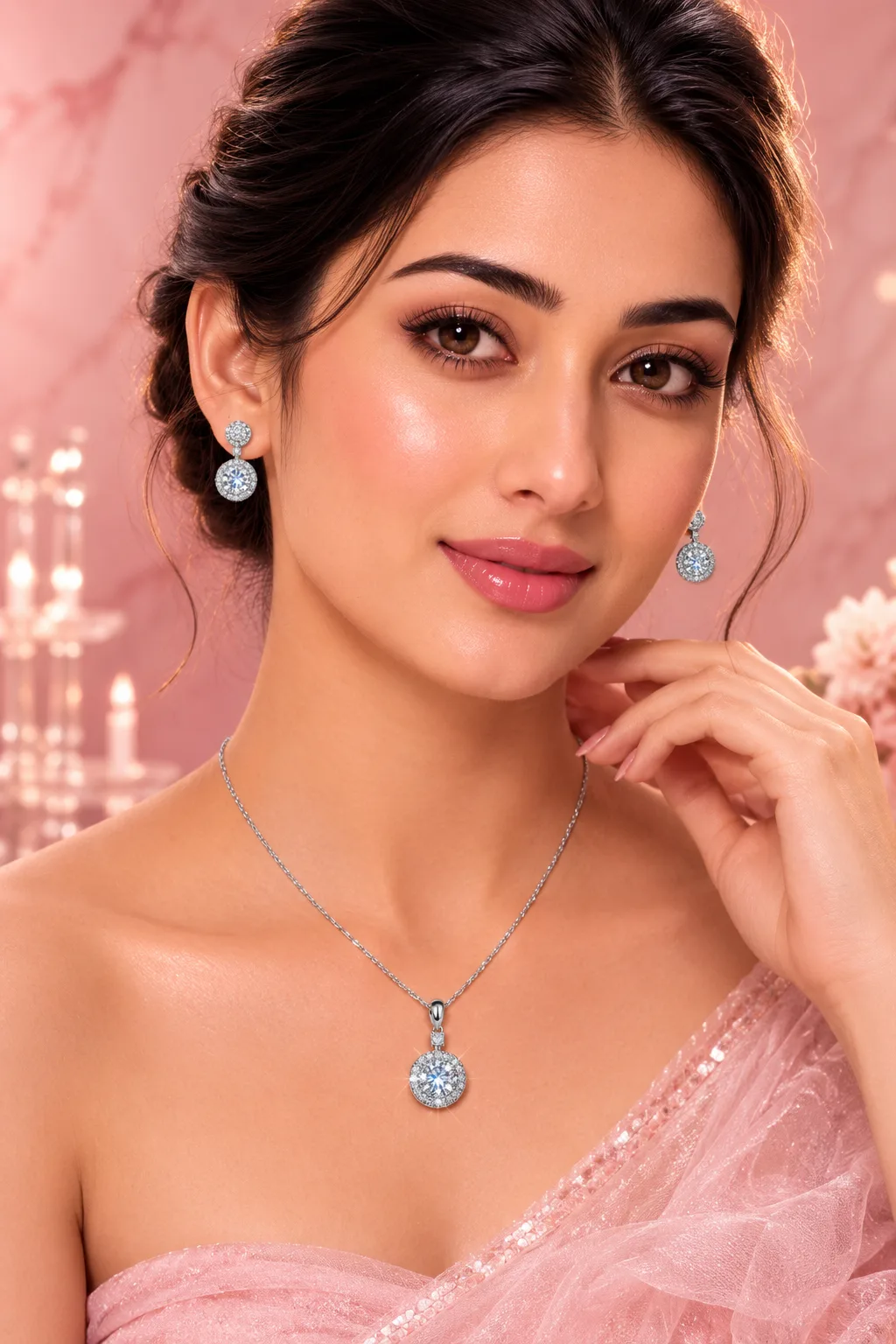 Celeste Round Halo Solitaire Necklace & Earring Set