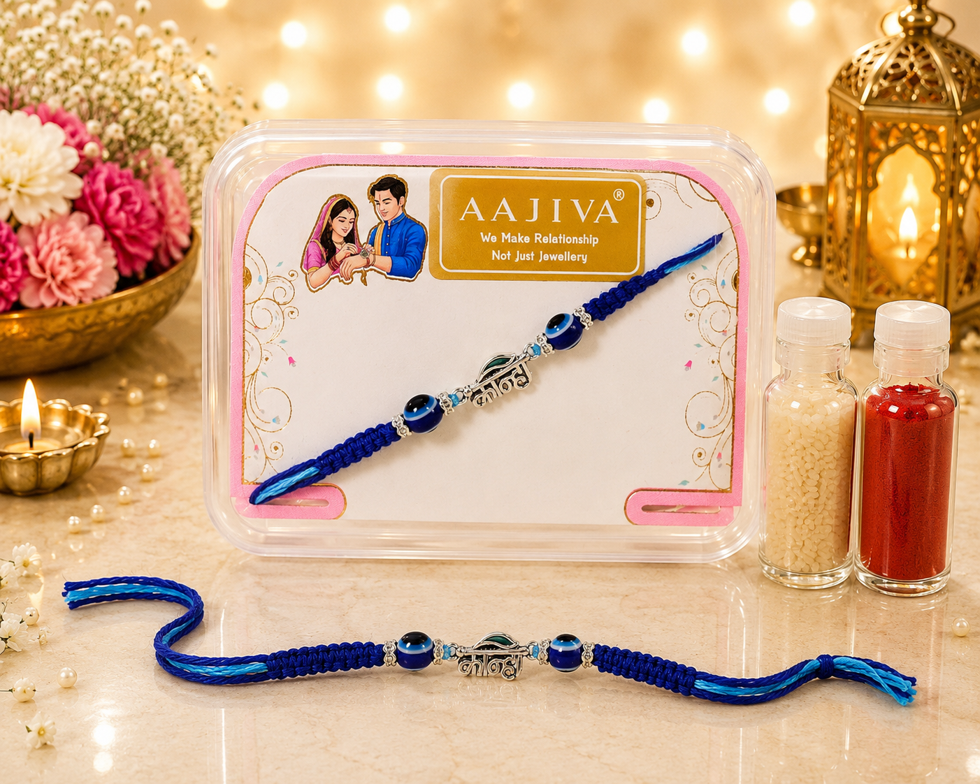 AAJIVA Kanha Script Silver Rakhi - Blue