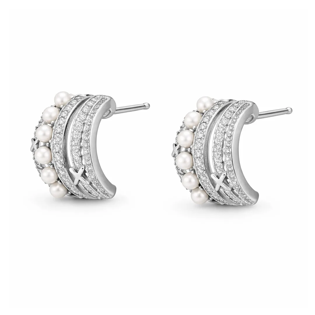Pave Crescent Hoop Earrings With Pearl Trim