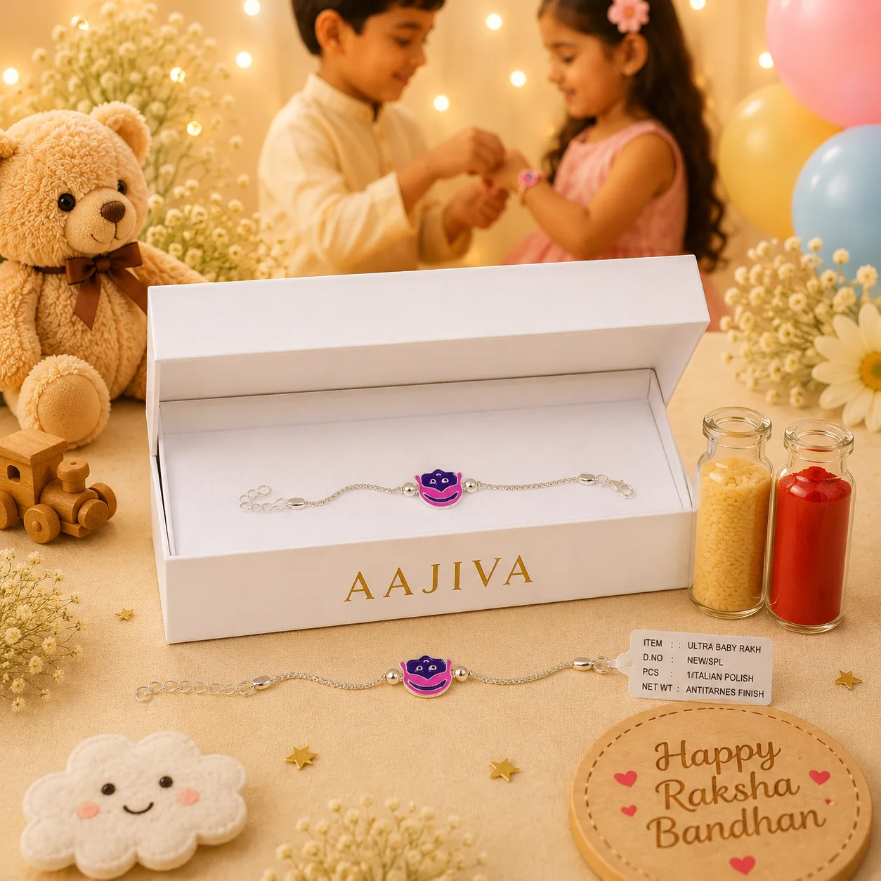 Ultra Baby Rakhi Silver Bracelet – Pink-Purple Smiley Charm