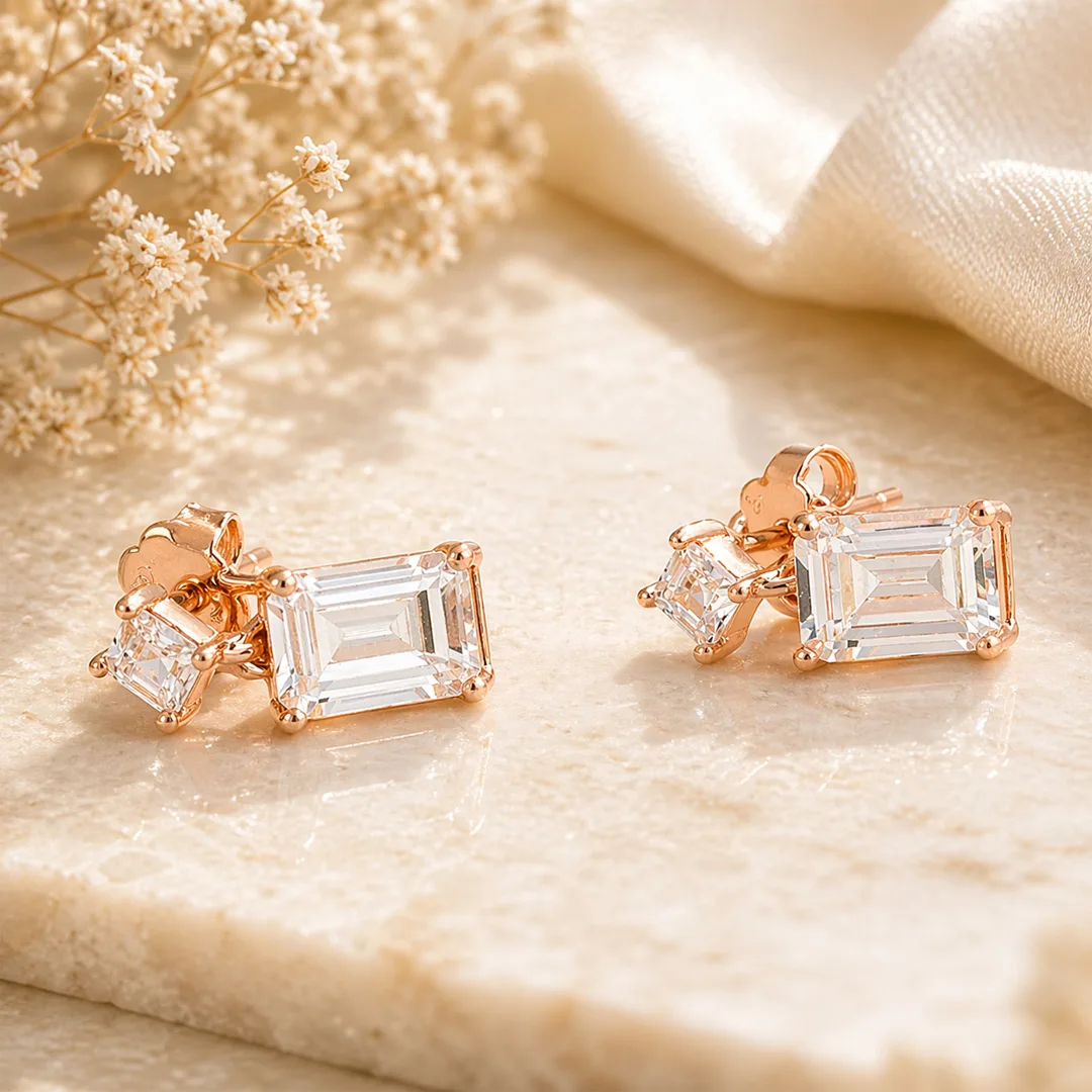 Asscher Cut & Kite Accent Stud Earrings
