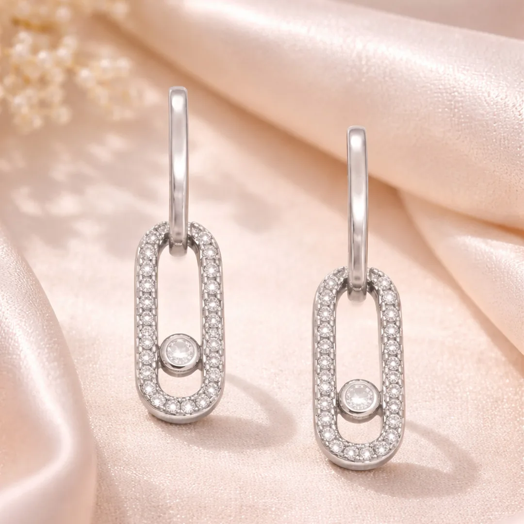 Floating Stone Pave Oval Drop Earrings
