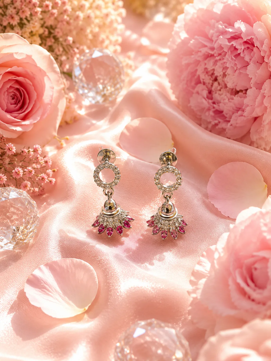 Pave Circle Fan Drop Earrings With Pink Accents