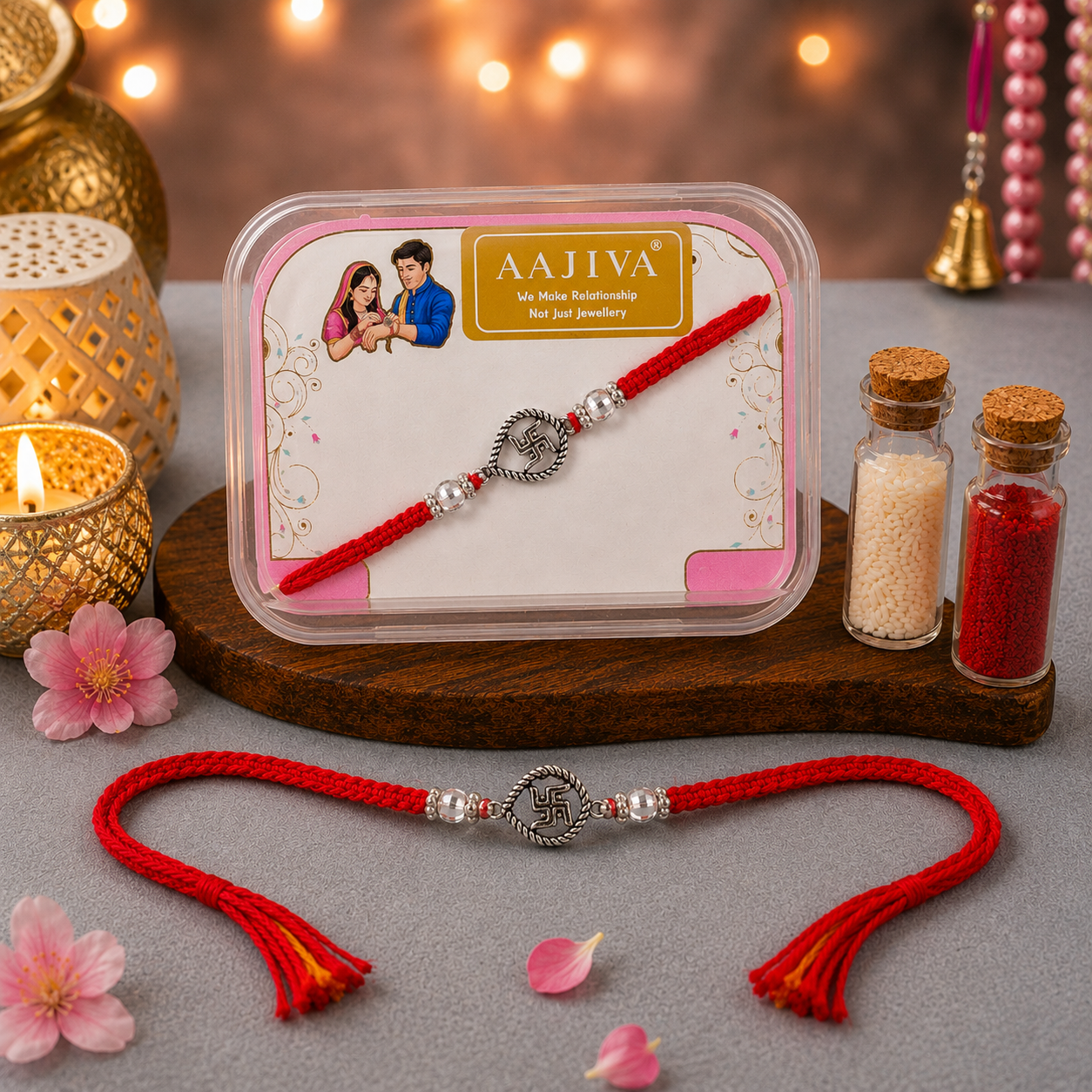 AAJIVA Swastik Charm Silver Rakhi - Red