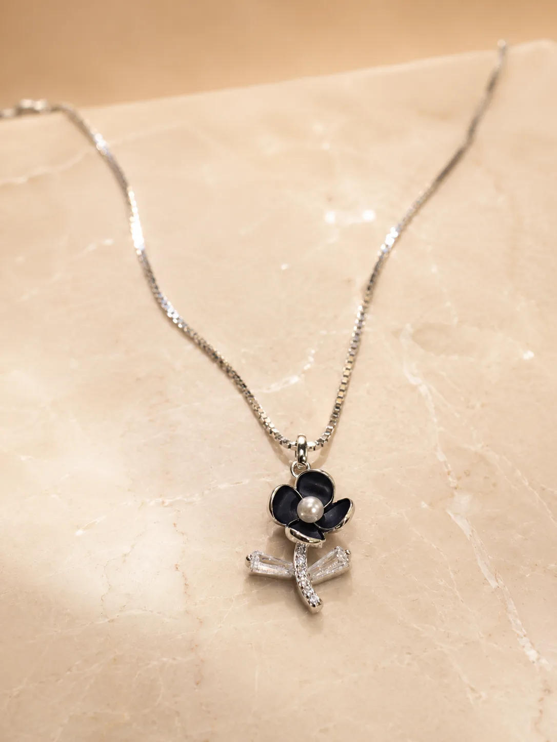 Black Enamel Flower & Pearl Pendant Necklace