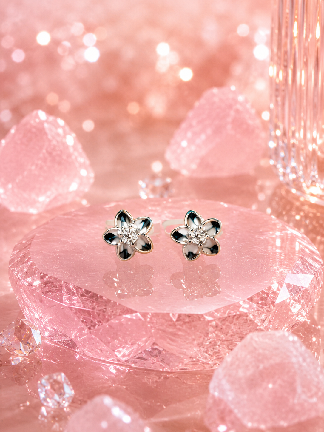 Enamel Flower Stud Earrings with Center Stone