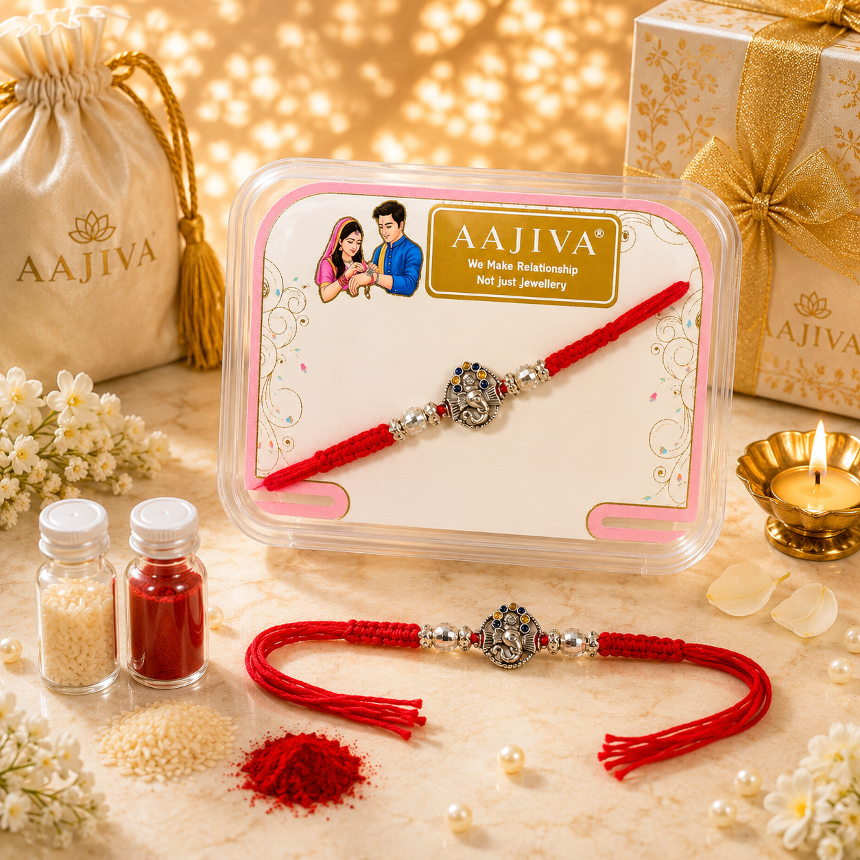 AAJIVA Ganesh Medallion Silver Rakhi - Red