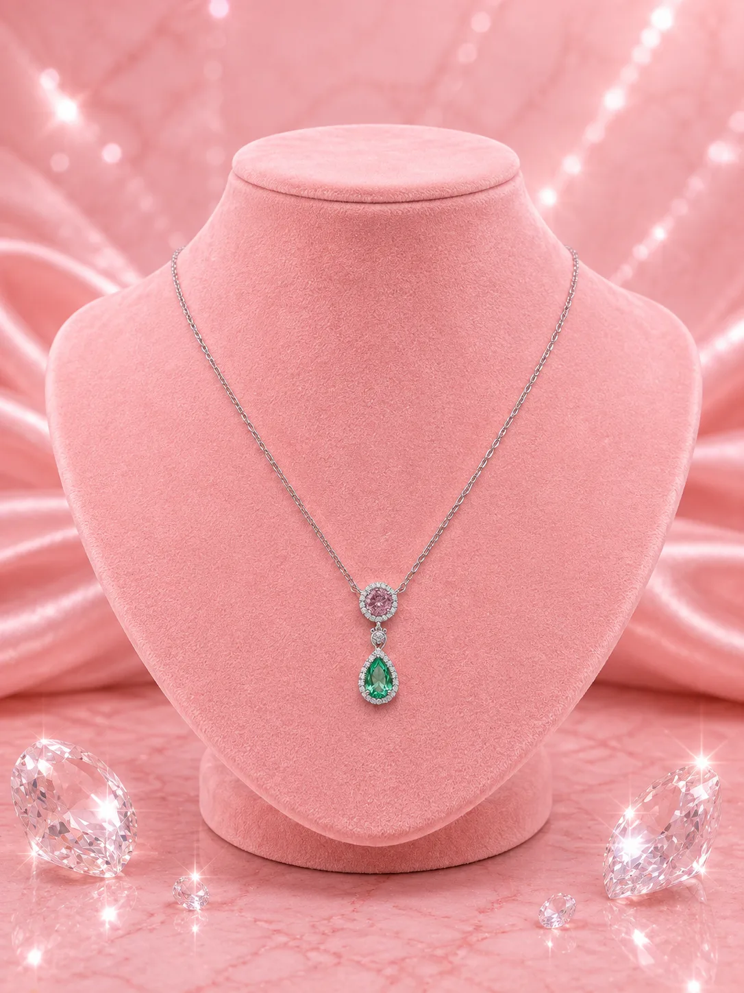 Verona Pink & Emerald Halo Teardrop Necklace & Earring Set