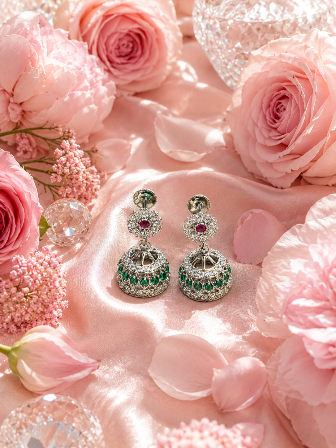 Floral Pave Jhumka Earrings with Emerald Accents