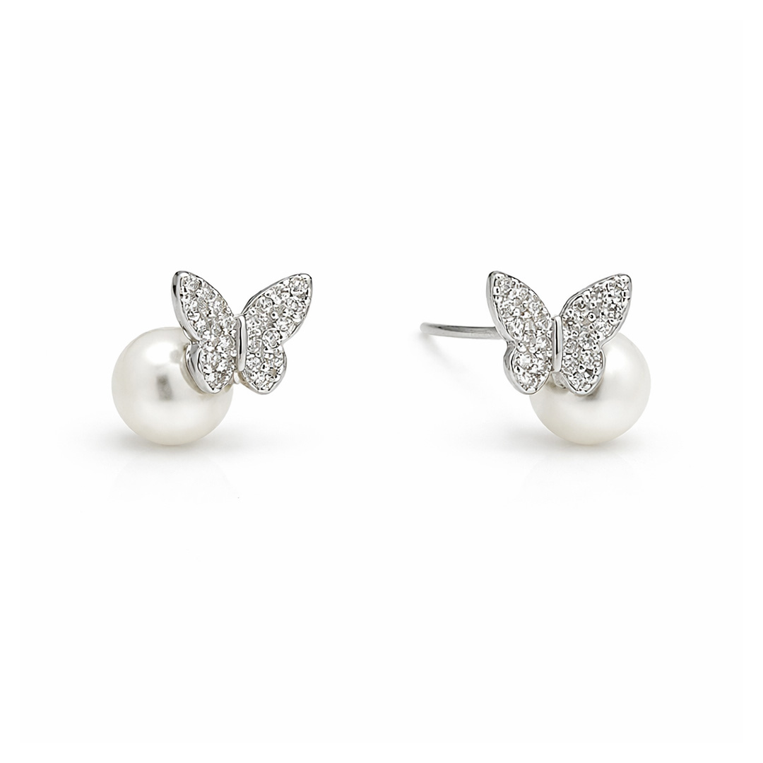 Pave Butterfly Pearl Stud Earrings
