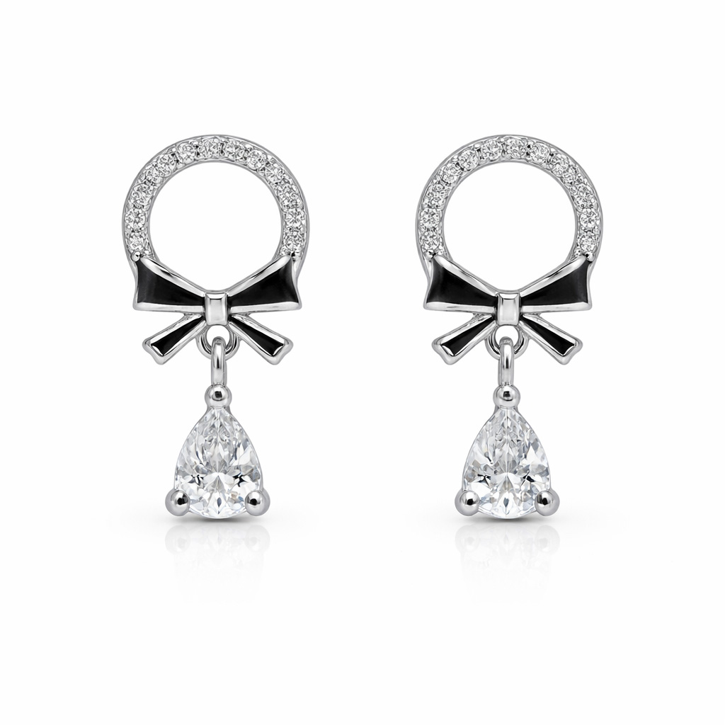 Black Bow Pear Drop Earrings