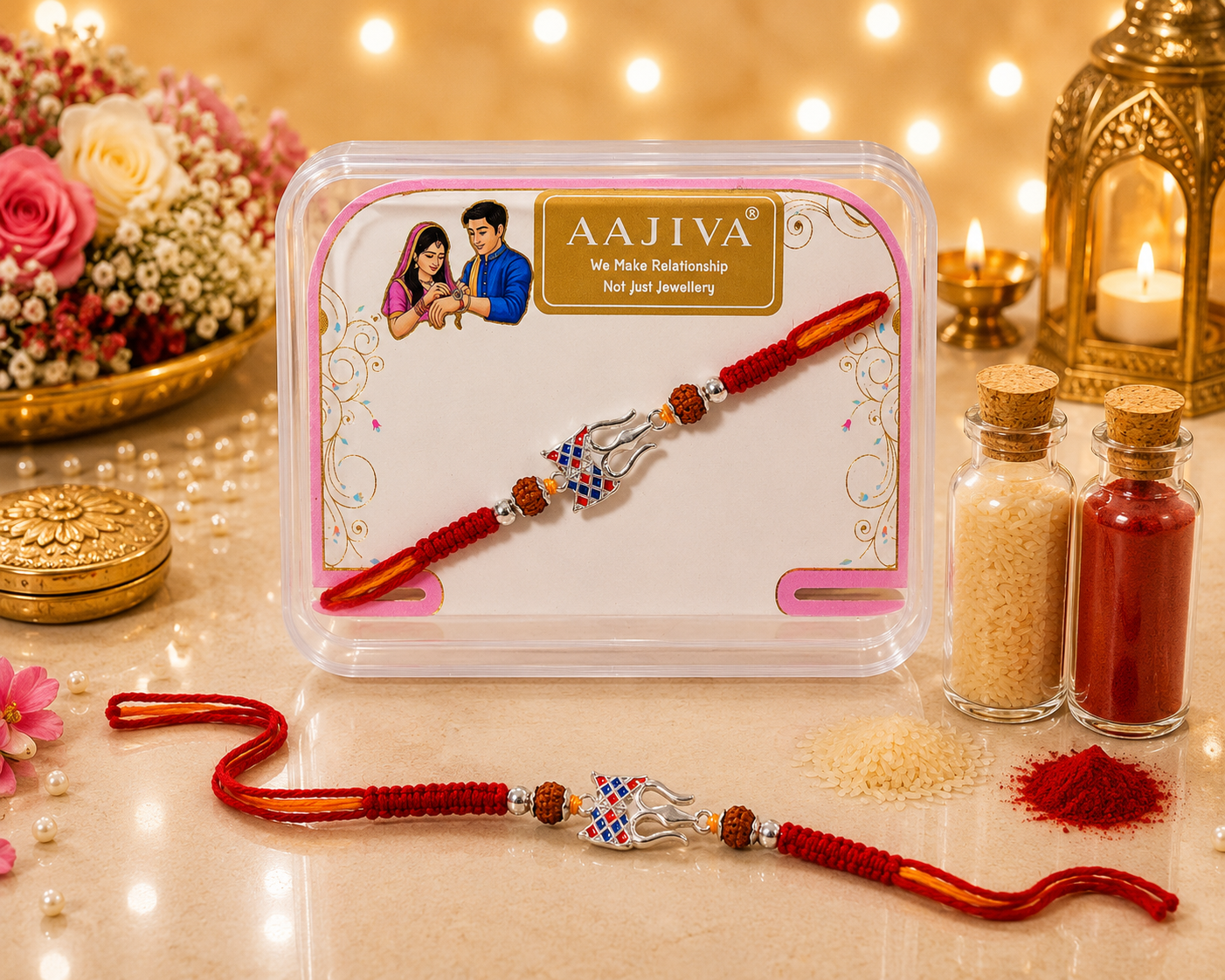 AAJIVA Trishul Meena Silver Rakhi - Blue, Red & Silver