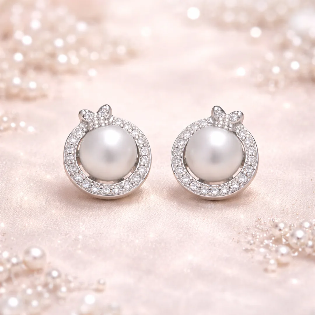 Pearl Halo Bow Stud Earrings
