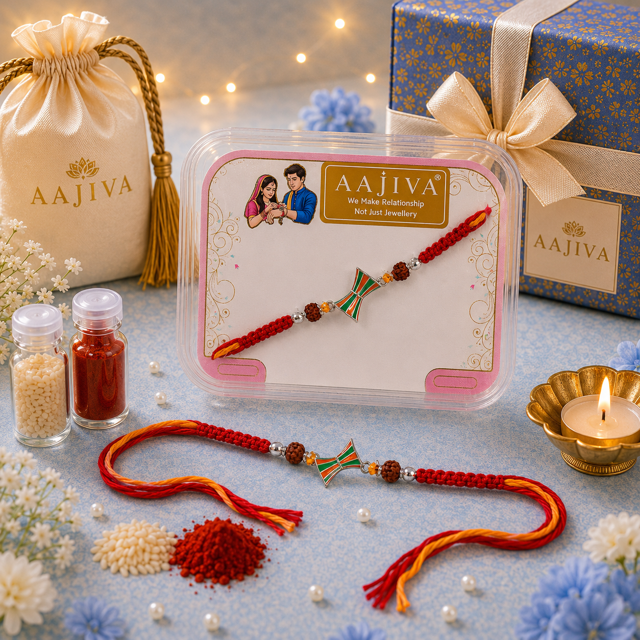 AAJIVA Damru Charm Silver Rakhi - Red and Yellow