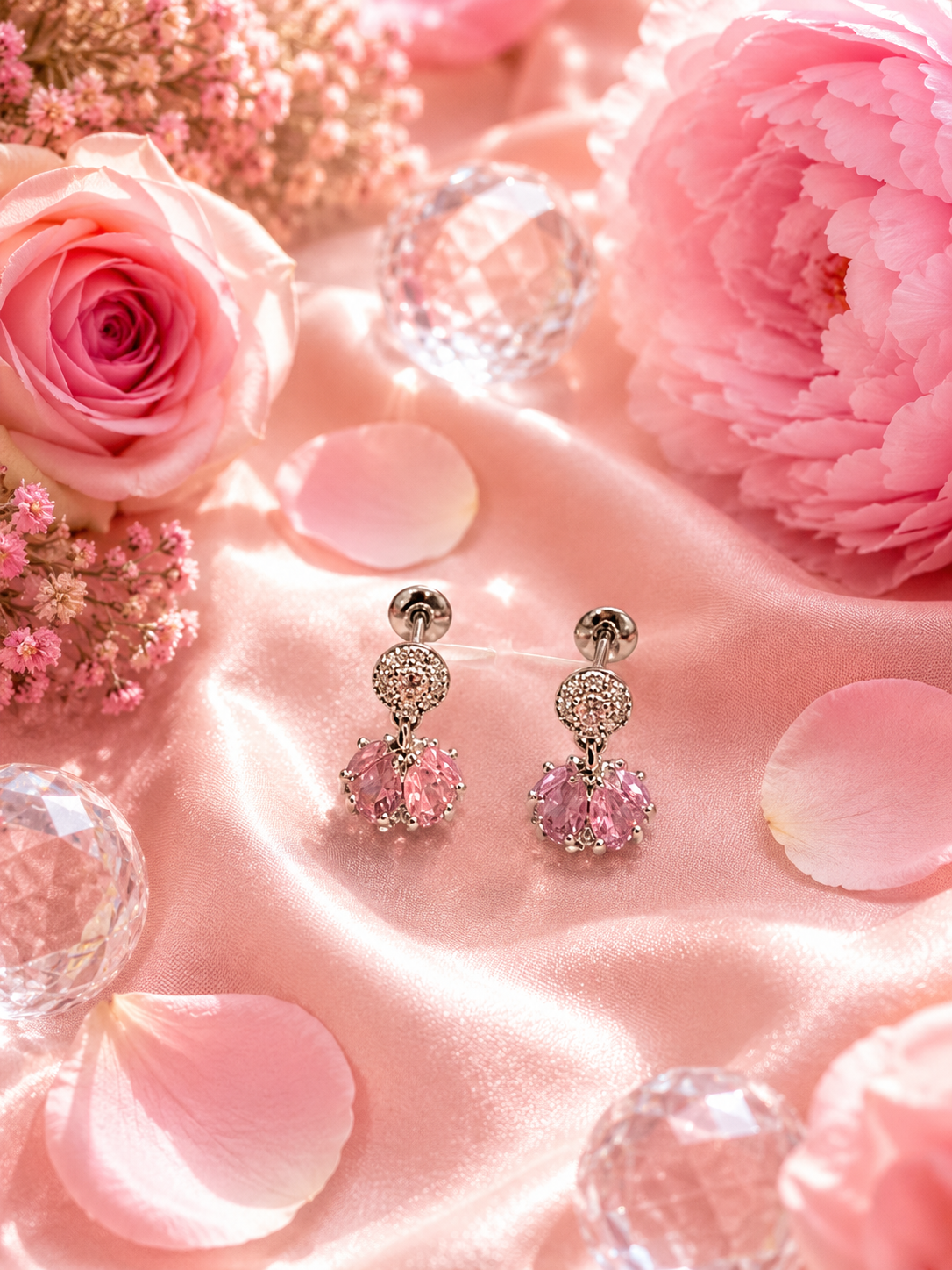 Pave Circle & Pink Cluster Drop Earrings